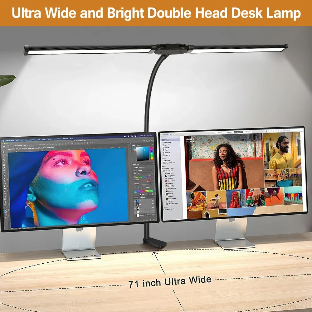LED Double/Single Head Reading Desk Lamp Foldable Swing Arm Table Lamp with Clip Dimmable Workstation Office PC Eye Protection