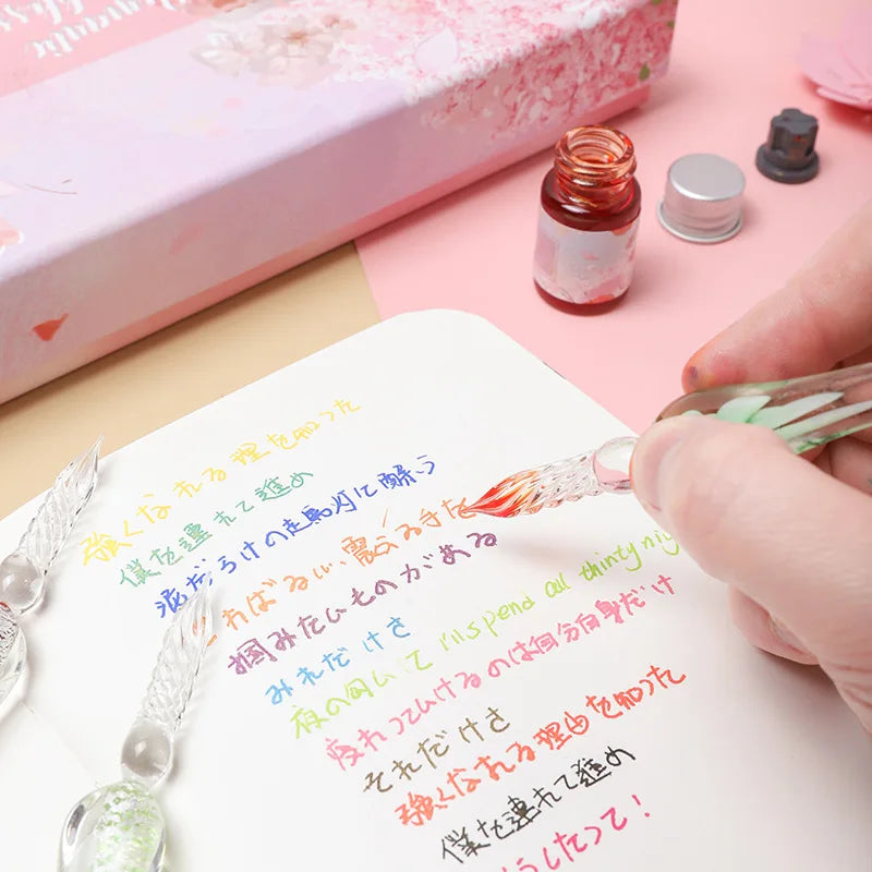 2022 Sakura Glass Dip Pen Set 2Pcs Crystal Glass Pens with 12 Gold Powder Inks for Signatures Drawing Caligraphy Kit Gifts
