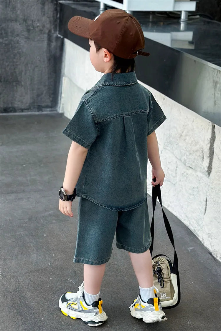 2025 Trendy Boys' Denim Set Vintage Wash Short Sleeve Shirt & Shorts 2-Piece Summer Outfit