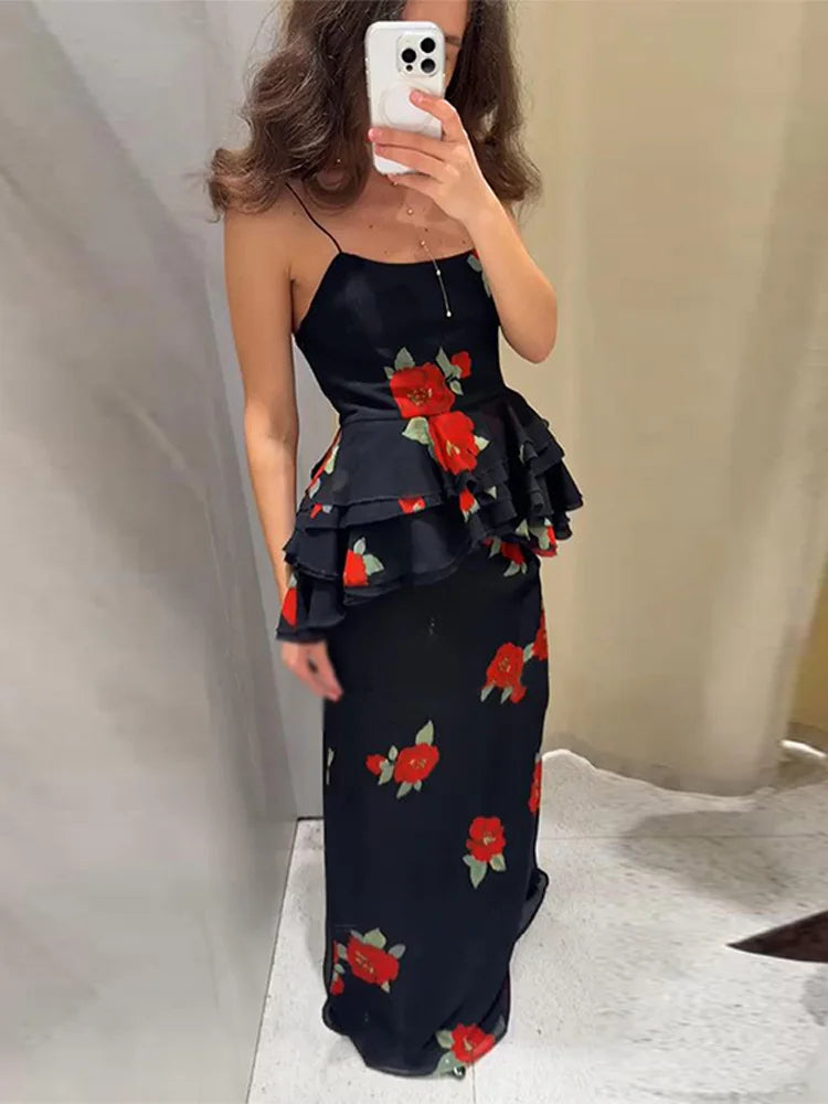 Summer 2-piece Suit Print Flower Mesh Slit Hip-covering Skirt Halter Top Suit Women's Fashion Causal Woman 2 Piece Set Outfit