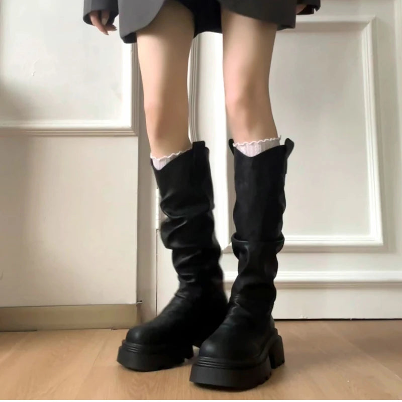 Autumn Winter Platform Thick Bottom Women Long Boots Fashion Slip On Shoes Vintage Ladies Knight Botas