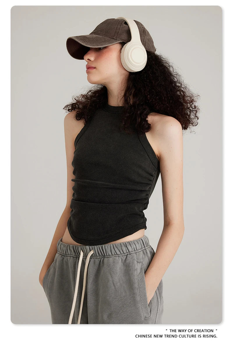 ZODF Women 2025 Hotsweet Girls Washed Cotton Tank Tops Female 315gsm Slim Pleated Arc Hem Camisole TEE Brand Tops HY0574