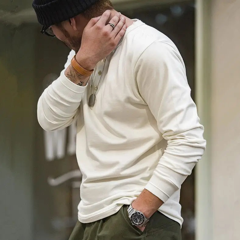 Vintage Daily Stand Neck T-shirt Men's Solid Patchwork Button Trendy Temperament Simple Cotton Long Sleeved Top JJ356