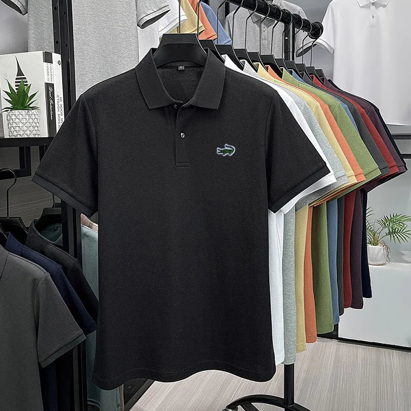100% Cotton High-End Men New Short-Sleeved Polo Shirt Lapel Button Embroidery British Style Fashion Snug Hot-Selling Men's Wear