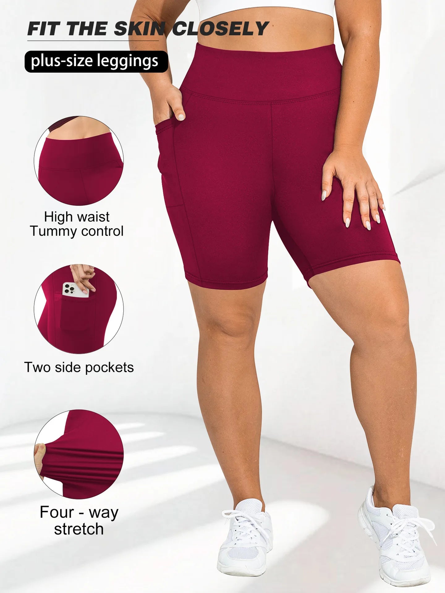 High Waist Plus Size Leggings Yoga Shorts for Women with Pockets, Non-See Through Shorts for Women