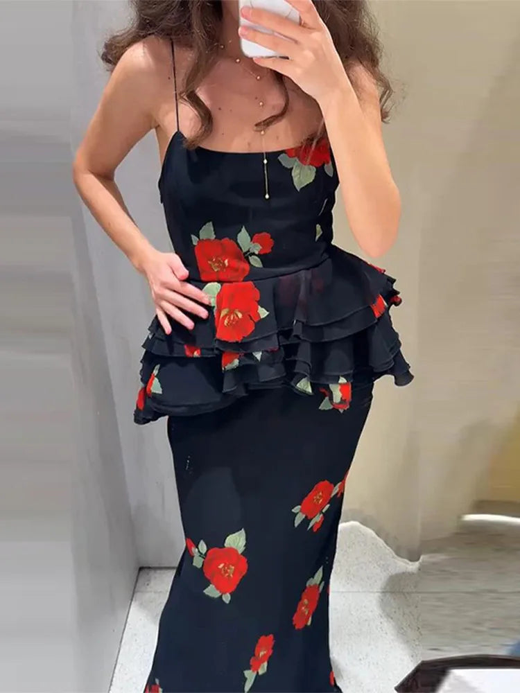 Summer 2-piece Suit Print Flower Mesh Slit Hip-covering Skirt Halter Top Suit Women's Fashion Causal Woman 2 Piece Set Outfit