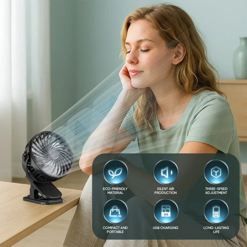 Desktop Clip Fan 3 Speed Quiet USB Mini Cooling Desk Fan 360° Rotate Portable Electric Fan Clip Fans for Strollers Air Cooler