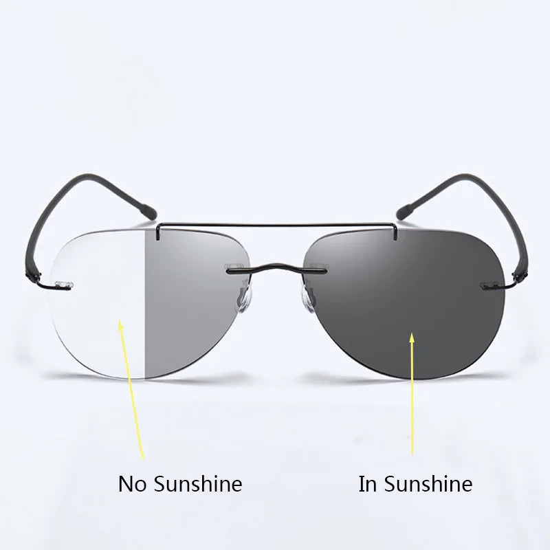 HDCRAFTER Multifocal Rimless Reading Glasses Photochromic Progressive Anti Blue Light Titanium Alloy Sun Glasses +100 to +400