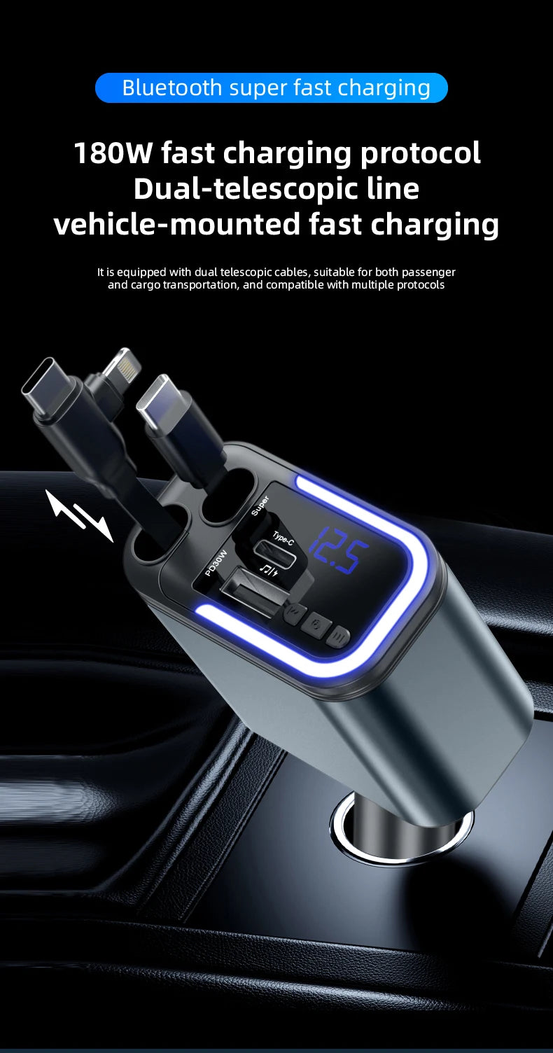 5 IN 1 180W Retractable Car Charger Bluetooth 5.0 FM Transmitter Fast Phone Charger Handsfree Call U-disk Aux with LED Light
