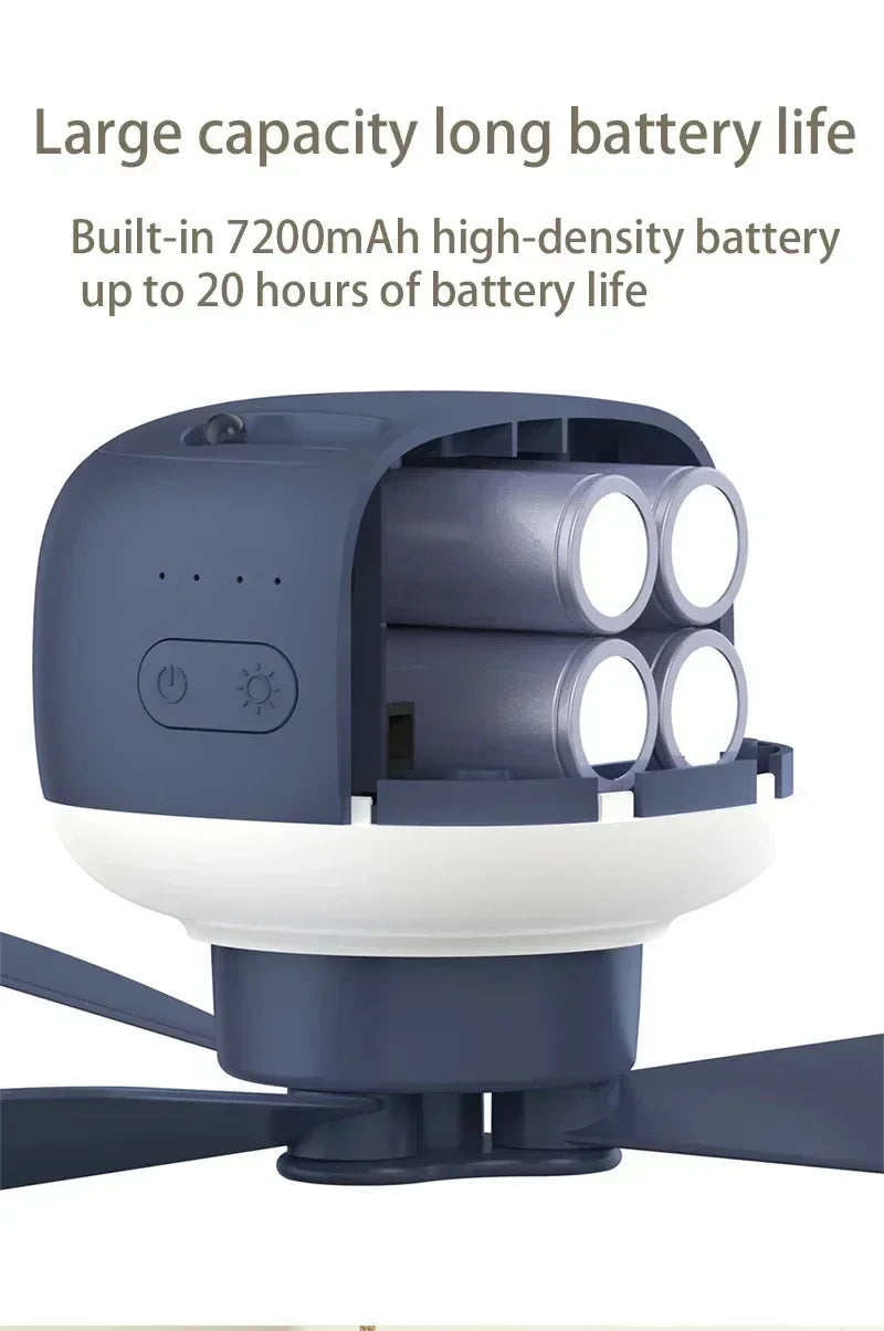 Portable Ceiling Fans Outdoor Camping Fan Tent Ventilator Cooler Rechargeable Electric Fan Remote Control LED Lighting