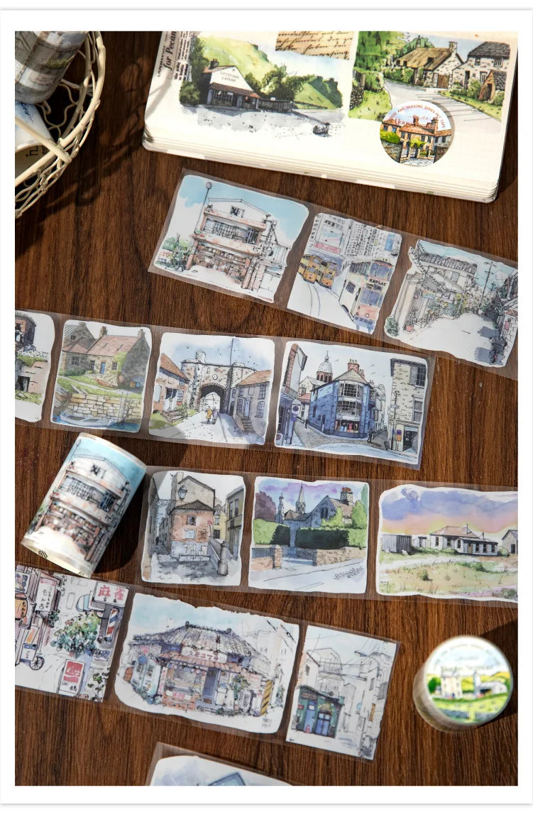JIANWU 60mm*200cm Four Seasons with You Series Vintage Building Landscaping PET Tape Creative DIY Journal Collage Stationery