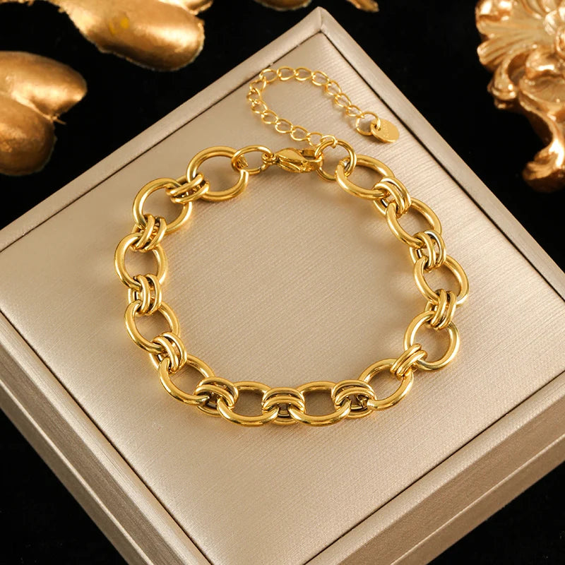 EILIECK 316L Stainless Steel Metal Texture Oval Chain Bracelet Bangle For Women 18K PVD Plated Wrist Chain Waterproof Jewelry