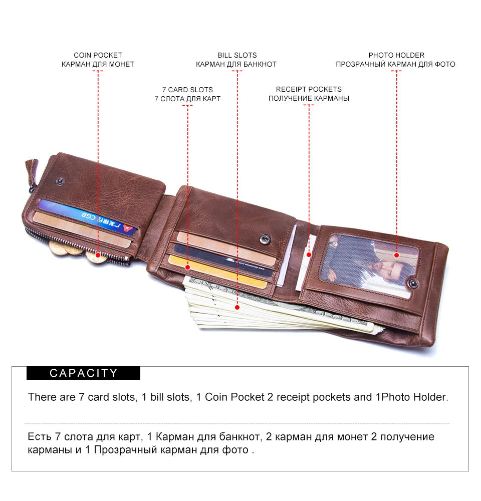 CONTACT'S Genuine Leather Men Wallet Vintage Trifold Hasp Wallet Zipper Coin Purse Card Holder Money Clip Men's Wallets