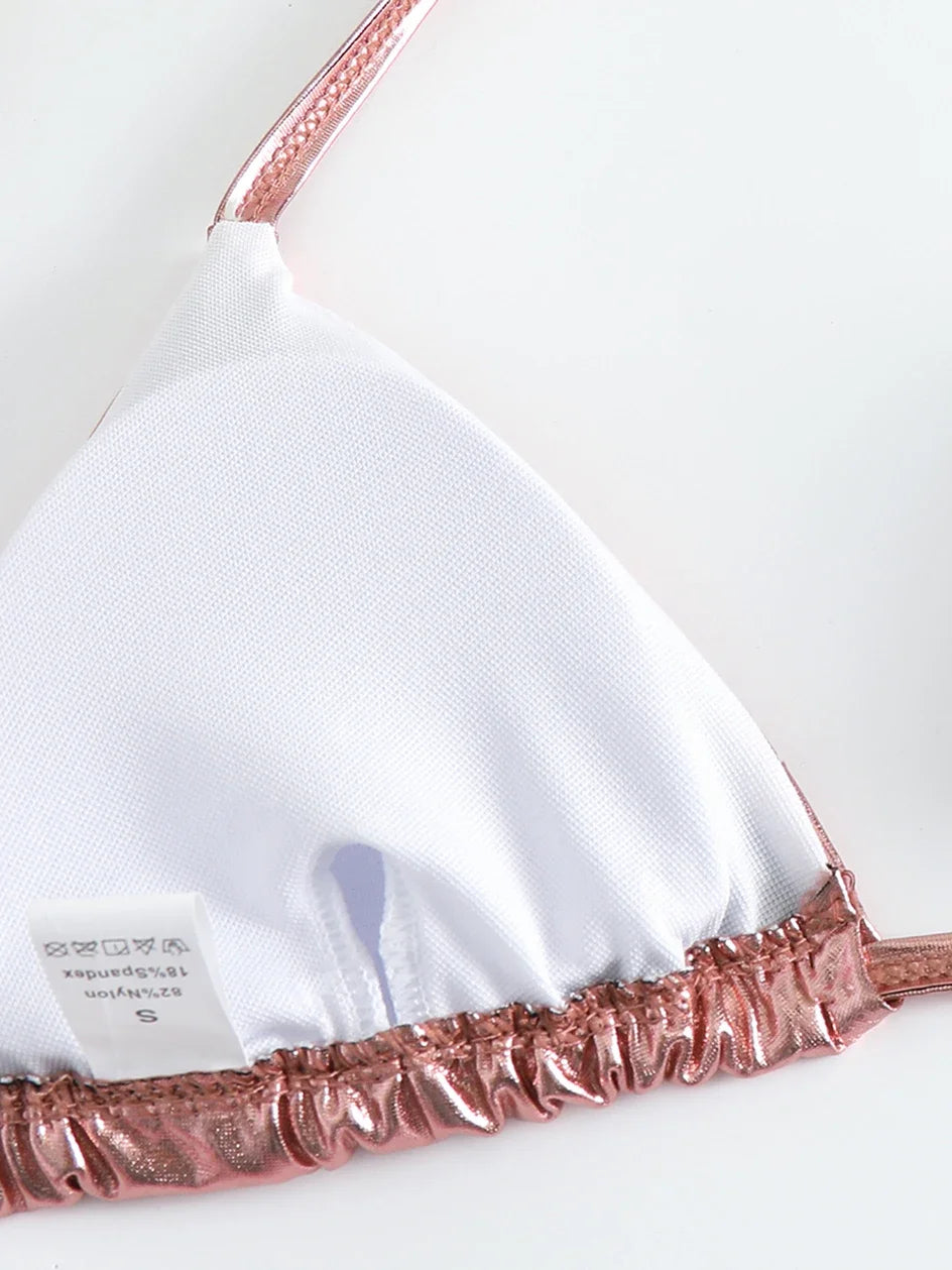 Sexy Metallic Halter Bikinis Sets Lace Up Triangle Tie Side Bikini 2026 Swimsuit Women Swimwear Brazilian Female Bathing Suits