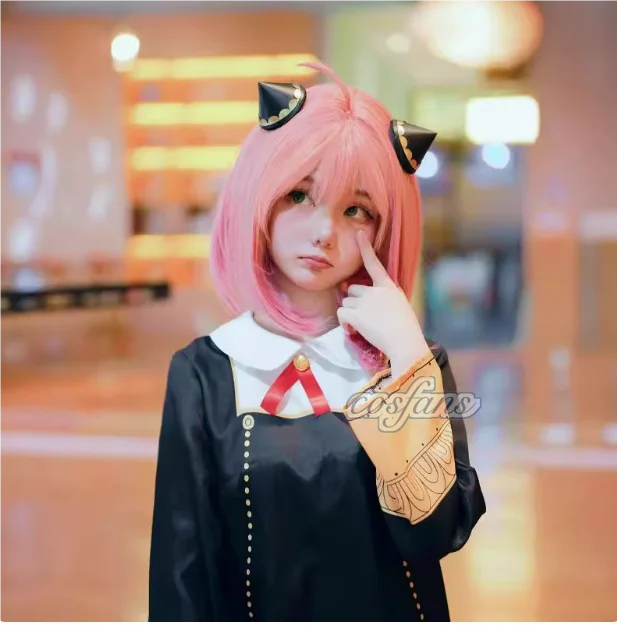 Halloween X Familie Anya Cosplay Costume Kids Adults Black Dress Kawaii Girls Women Dress Pink Wig Party Role Play Outfits