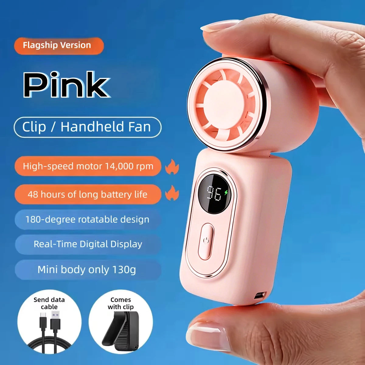 New Mini Fan Handheld Small Portable Fan Cooling Turbo 5 Speeds 3000mAh LED Display 180° Rotatable Clip Type-C Rechargeable Fans