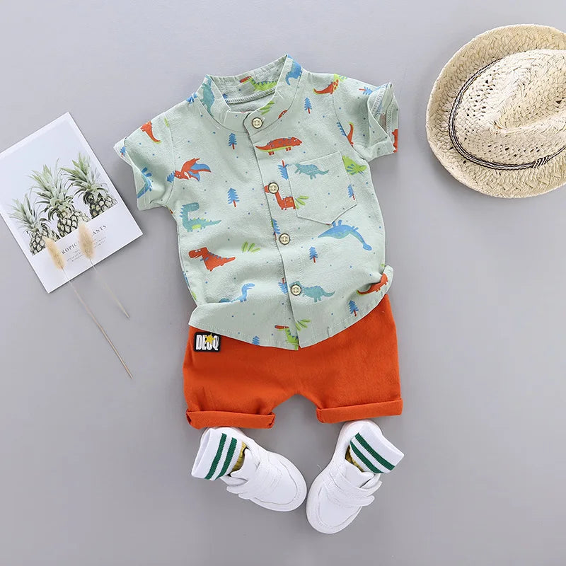 2PCS Children's Summer Full Print Cartoon Little Dinosaur Standing Collar Shirt and Shorts Set