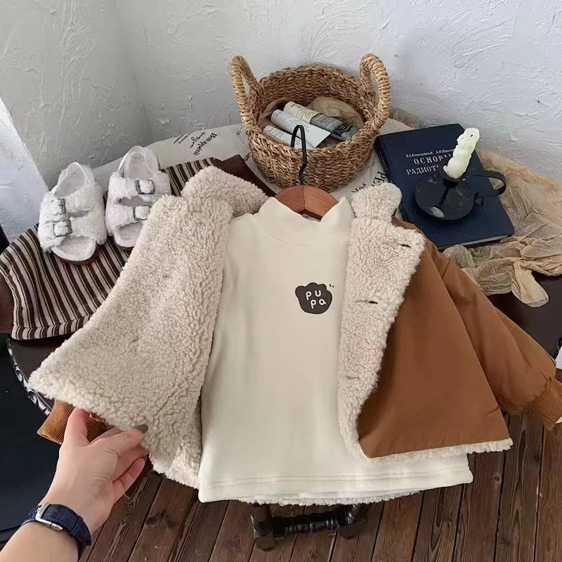 2024 Winter New Baby Warm Lamb Cashmere Hooded Coat Solid Versatile Boys Girls Padded Jacket Plus Velvet Thick Infant Clothes