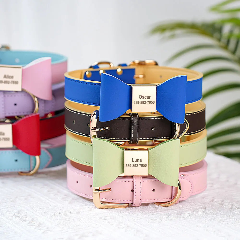 Cute Bowknot Custom Dog Collar PU Leather Puppy Dog Collars Adjustable Pet Cat Necklace With Bow tie for Small Medium Large Dogs