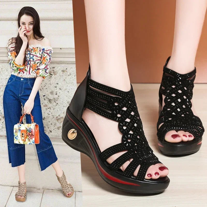 Ladies Shoes on Offer 2025 New Brand Fashion Zipper Women's Sandals Summer Elegant Ladies Roman Platform Wedge Heeled Sandals