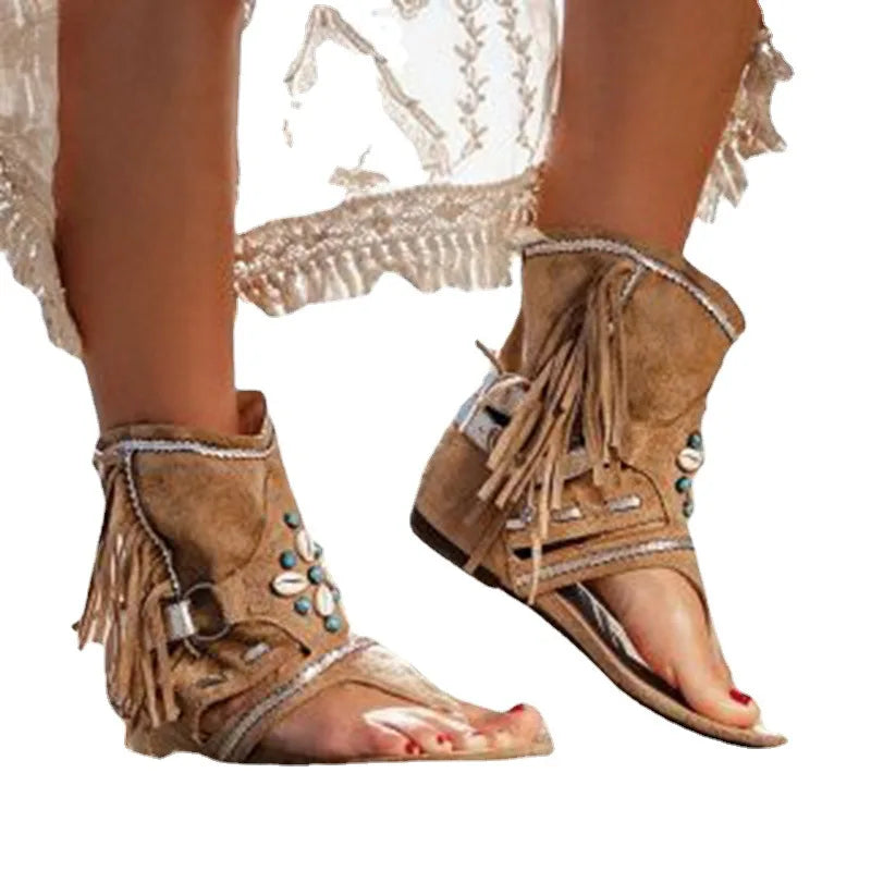 Fashion new style Retro Women Fringe Flower Wedges Shoes 2024 Solid Flock Beach Casual Sandals Women Summer Flip Flop Sandals
