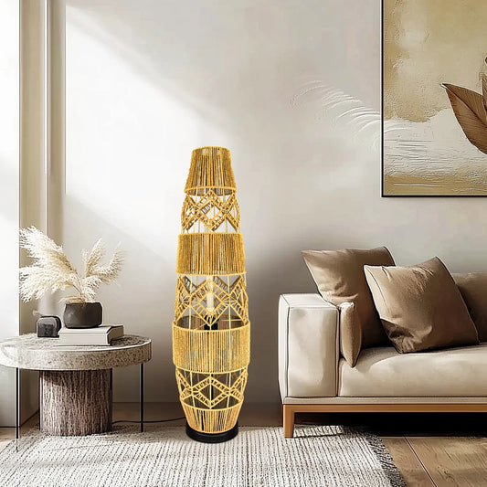 Boho Rattan Floor Lamp Hand-Woven with LED Light Bar, Corner Reading Lamp for Living Room Bedroom