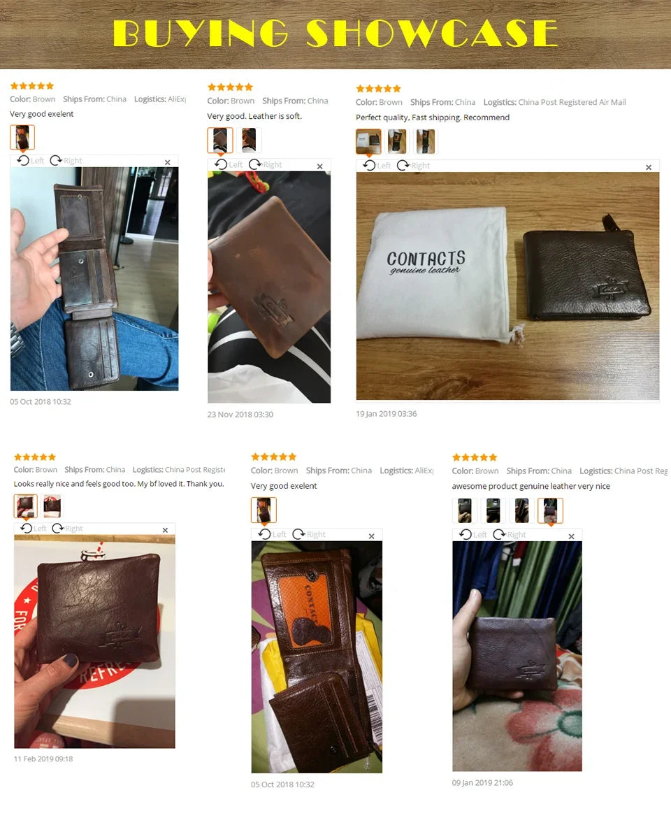 CONTACT'S Genuine Leather Men Wallet Vintage Trifold Hasp Wallet Zipper Coin Purse Card Holder Money Clip Men's Wallets