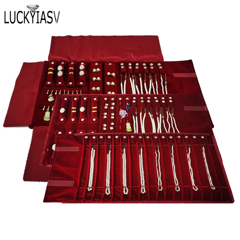 Burgundy Velvet Jewelry Roll Bag Portable Foldable for Necklace Earrings Ring Travel Exhibitions Organizer Storage Bag