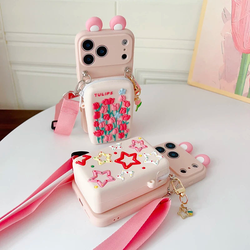 For iPhone 17 16 15 14 13 12 11 XR Xs 6 6s 7 8 SE Pro Max mini Plus e Tulip Star Wallet Case With Accessories