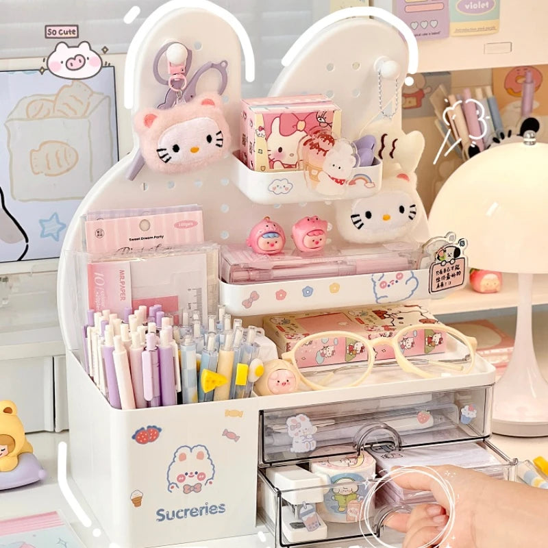 Desktop Hole Board Storage Box Desk Organizer Girls Cute Pen Holder Storage Stationary Rack Korean Kawaii Bunny Cosmetic Shelf