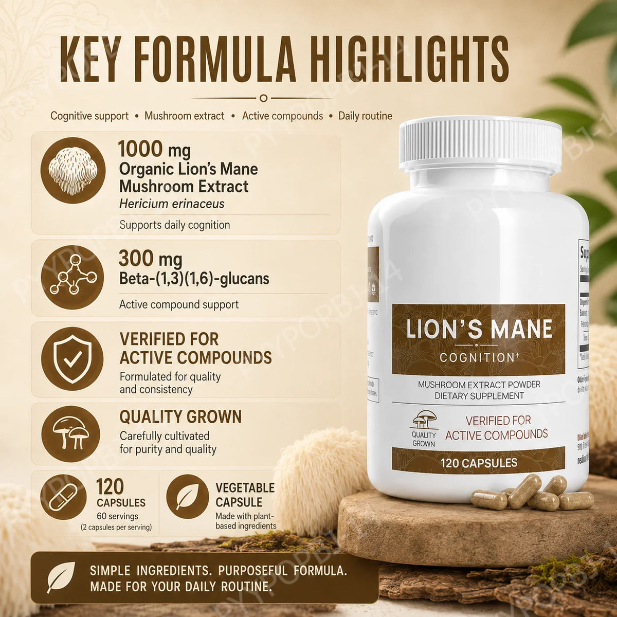 Lion’s Mane Mushroom Extract Capsules 1000mg, 300mg Beta Glucans, 120 Count, Vegan Non-GMO Gluten Free Daily Blend