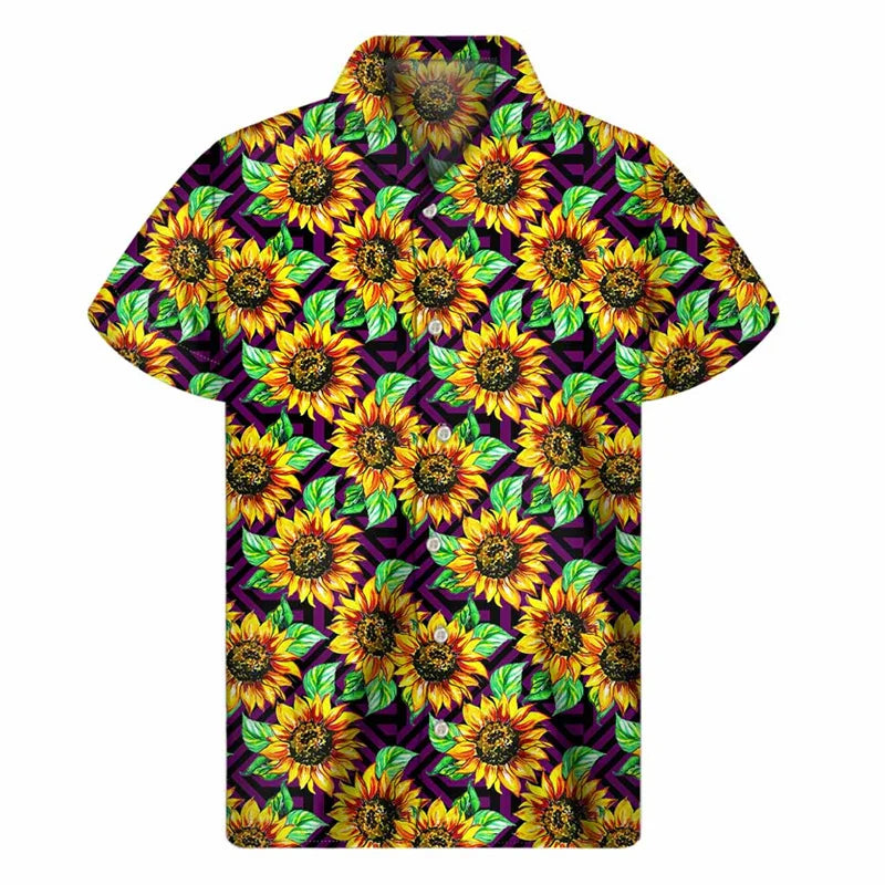 3d Plants Sunflower Print Shirt For Men Fashion Classic Short Sleeve Summer Vacation Shirts Breathable Tops Hawaiian Shirts