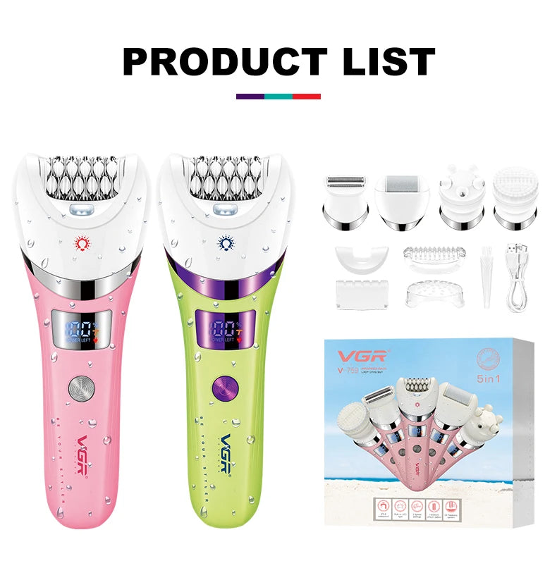 VGR Hair Removal Professional Body Care Trimmer 5in1 IPX6 Waterproof Hair Trimmer LED Two Speeds Electric Razor for Women V-759