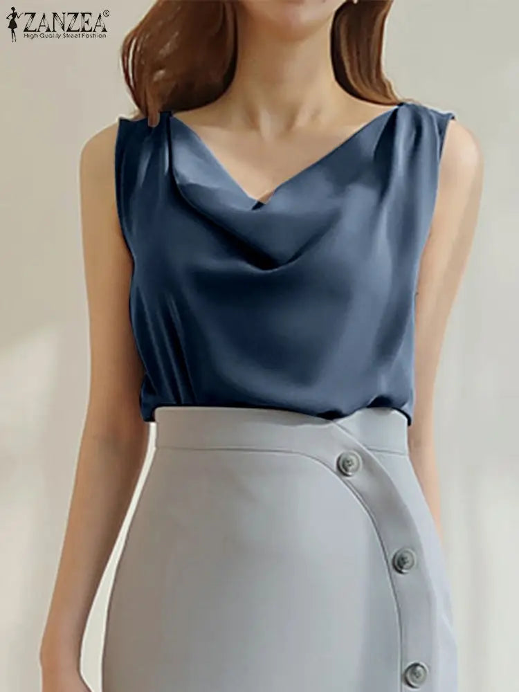 ZANZEA 2025 Elegant Korean Tanks Women Satin Silk Solid Color Sleeveless Tank Tops Fashion Sexy Office Lady Cowl Neck Camisole