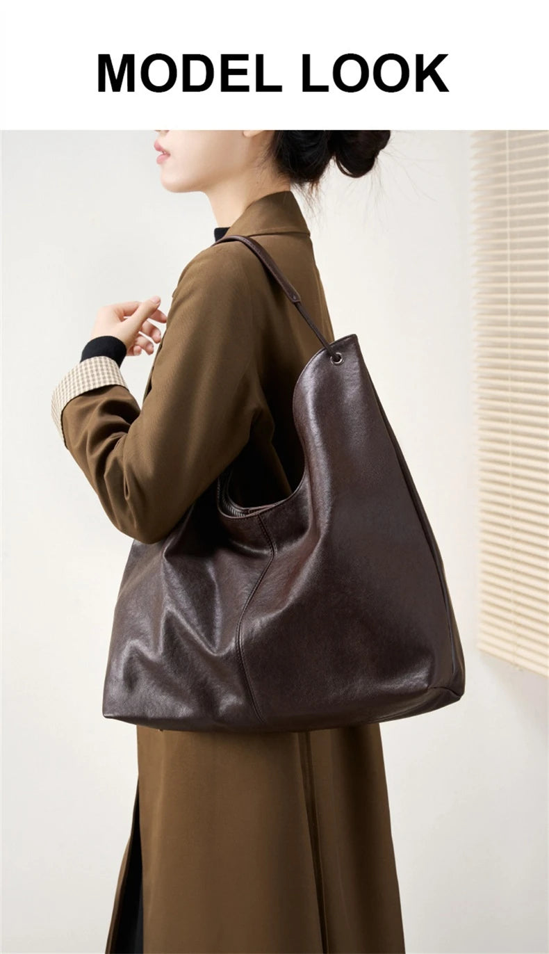 Toptrends Cowhide Genuine Leather Large Underarm Shoulder Bags For Women 2025 Luxury Designer Hobo Tote Bucket Ladies Handbags