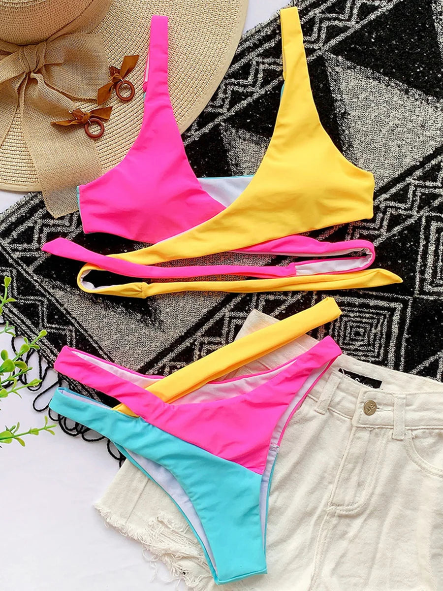 Sexy Splicing Cross Bandage Thong Bikini Female Swimsuit Women Swimwear Two Pieces Bikini Set Bathing Suit Swim Beach Wear Lady