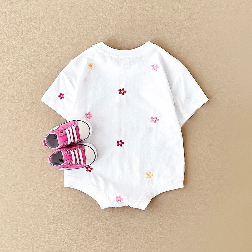2024 Newborn Summer Baby Romper Floral Print Round Neck Short Sleeved Cotton Girls Child Clothing Jumpsuit 0-18M Infant Bodysuit