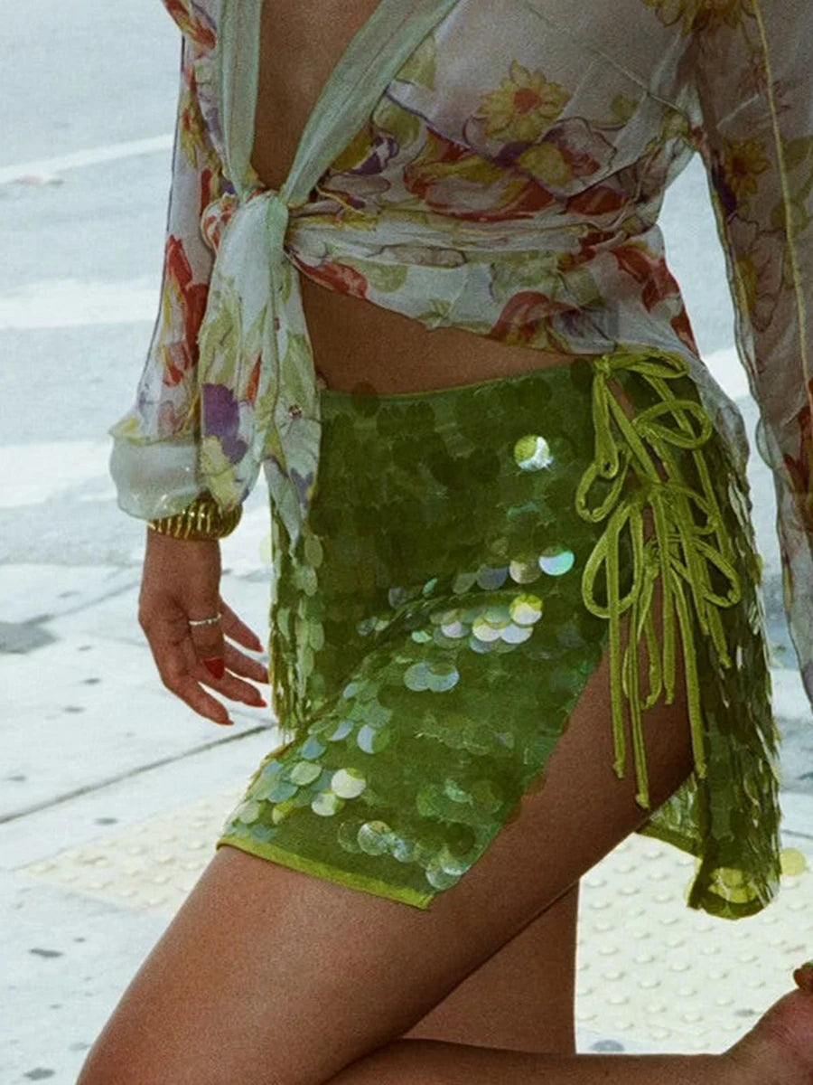 2025 New Fashion Women's Summer Mini Sequins Skirts Side Split Tie Up Skirt for Daily, Travel, Parties