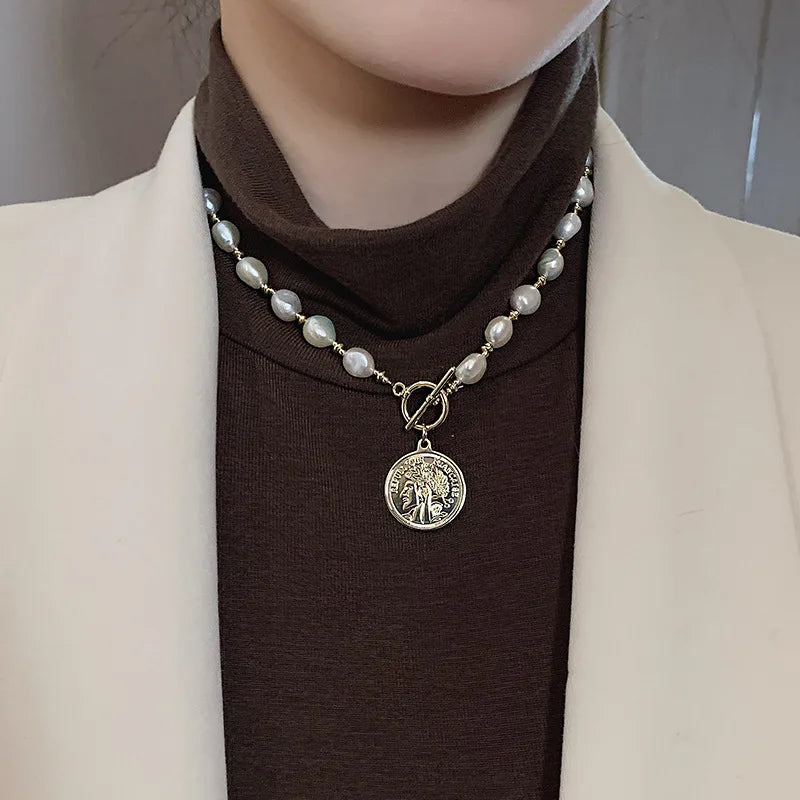 Elegant Gold Coin Portrait Natural Big Baroque Freshwater Pearl Female Pendant Necklace Jewelry For Women Chains Birthday Gifts