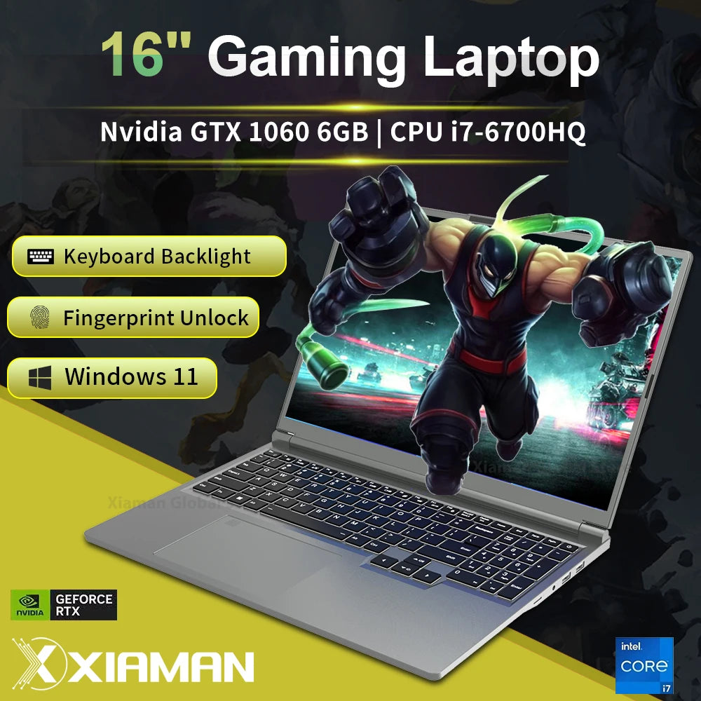 Xiaman 16 inch Gaming Laptop intel Core i7-6700HQ GTX 1060 IPS 1920*1200 Notebook PC 16GB RAM 1TB SSD Windows 11 Laptop Computer