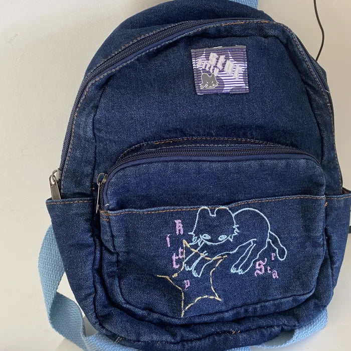 Fashion Small Denim Backpack Kawaii Cat School Bag Mini Cute Schoolbag Deep Blue Backpacks Aesthetic Japanese Preppy Book Bags