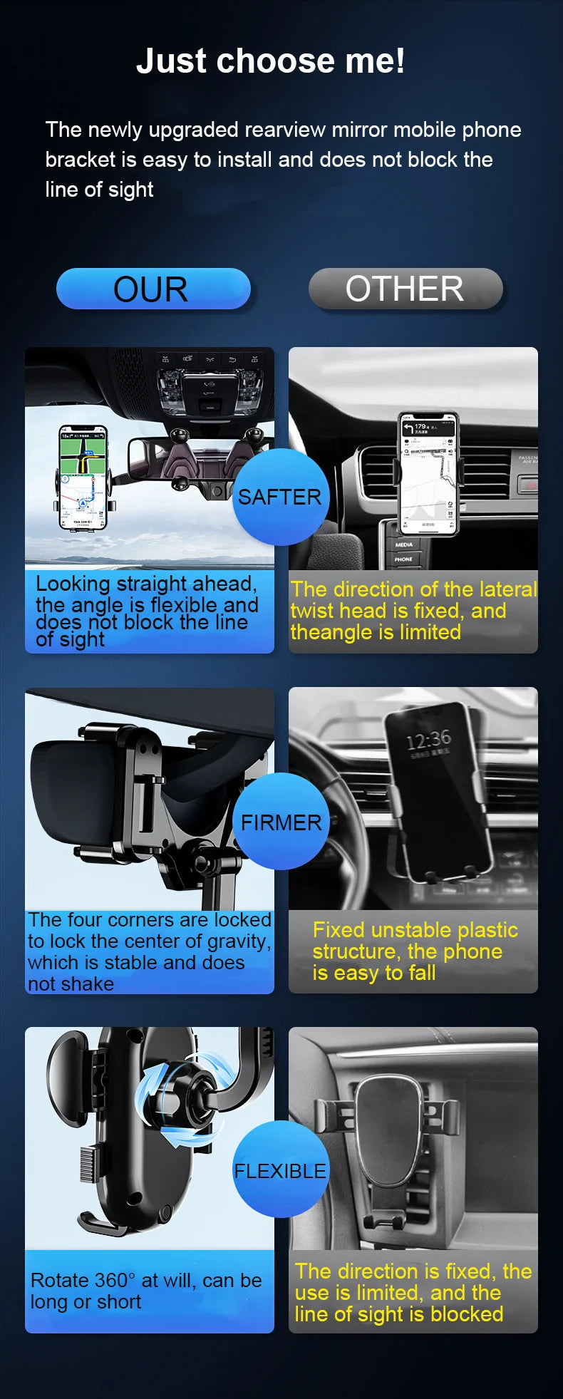 Multifunctional 360 Degree Rotatable Car Phone Holder Car Smartphone Holder Adjustable Retractable Car Rearview Mirror Holder