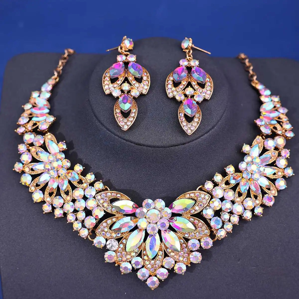 Advanced design retro necklace earring set leaf Multicolored flowers luxurious crystal jewelry bride's wedding dress accessories