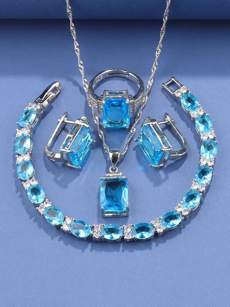 Rectangle 925 Silver Jewelry Accessory Fashion Vintage Original Set Of Earrings Women's Ring  Hand Bracelets Necklace Pendant