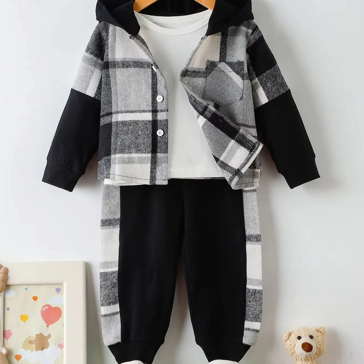 Baby Boys 3Pcs Outfit Set 12M-5Y Plaid Hooded Jacket + Ribbed Tank Top + Patchwork Pants Kids Casual Clothes