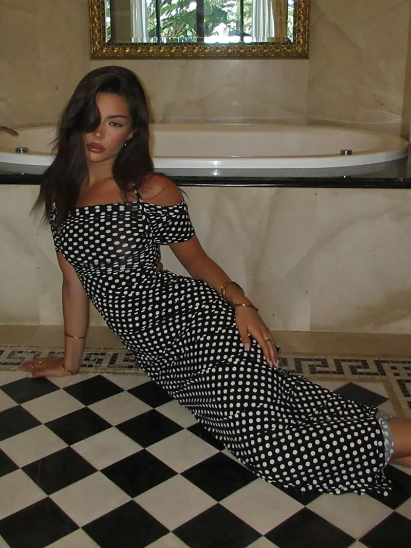 Mozision Off-shoulder Polka Dot Maxi Dress For Women Gown Fashion Halter Sleeveless Backless bodycon Split Long Dress Elegant