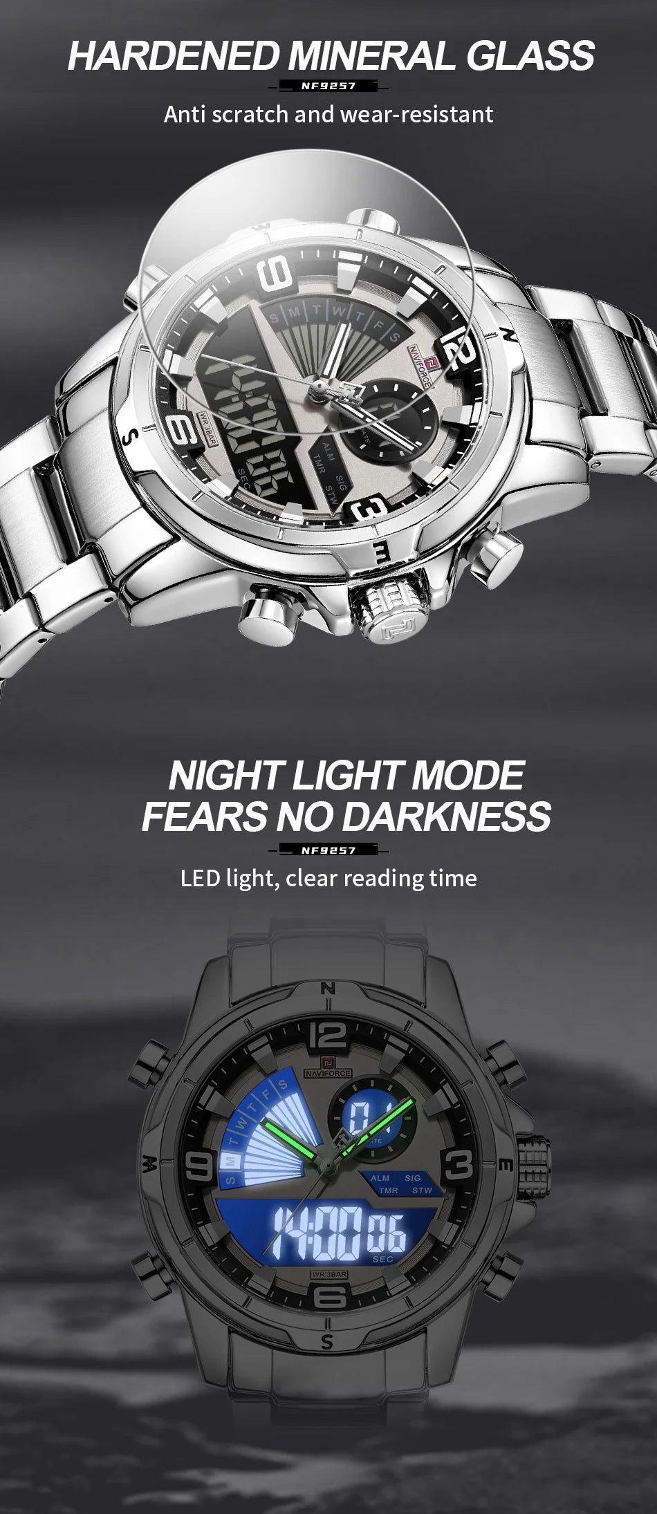 NAVIFORCE Men's Watch 3ATM Waterproof Multifunctional Dual Display with Date Stainless Steel Strap Luxury Business Wristatch