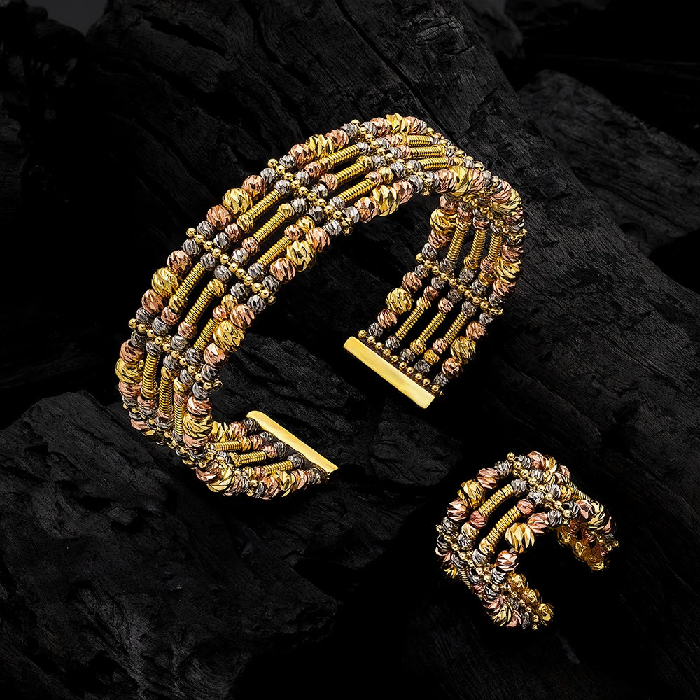 Luxury Cuff Bangles and Ring Set Gold Color Beads Arabic Dubai Wedding Bridal Jewelry Set Women Party 2 pcs Hand Jewelry