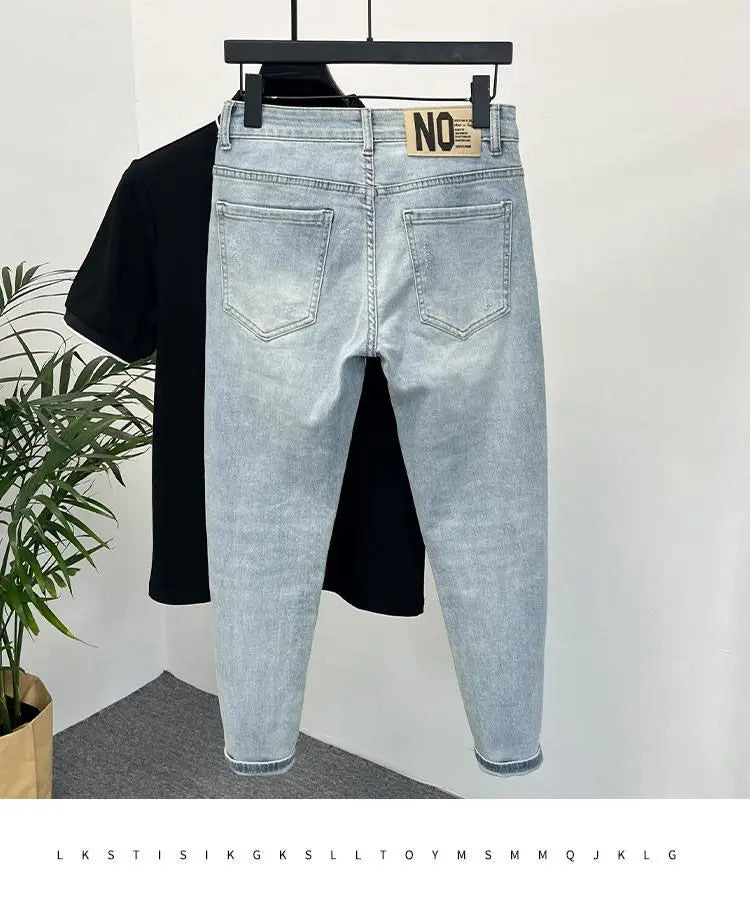 Jeans Men's Trendy Brand Light-colored Fashion Youth Casual Pants Cowboy Simple Ruffian Handsome Slim-fitting Skinny Jeans Men