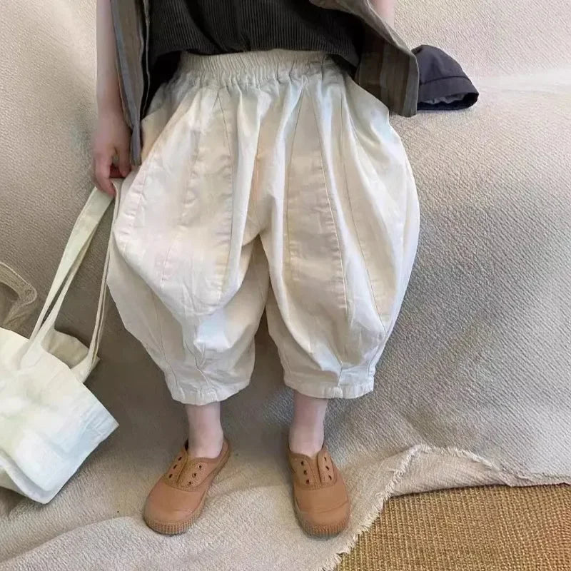 Children's Pants Korean Summer New Girls Solid Color Casual Wide Leg Cropped Pants for Boys Versatile Harlan Pants